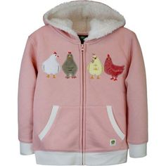 This fleece zip hood with chickens all in a row is for the chicken lover. The chunky zipper is easy to zip. The hood has a marshmallow jersey liner. Rib cuffs and waistband with an authentic woven label makes this one easy to zip and very comfortable. 70% Cotton 30% Polyester Fleece Set-in sleeves with front pockets Sizes 2T 3T 4T Rib cuffs and waistband Chunky Zipper, Chicken Clothes, Girl Toddler, Girls Fleece, Tractor Supply, Woven Label, Hoodie Girl, Sherpa Lined, Powder Pink