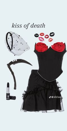 a black dress with red roses on the bust, and accessories to make it look like a