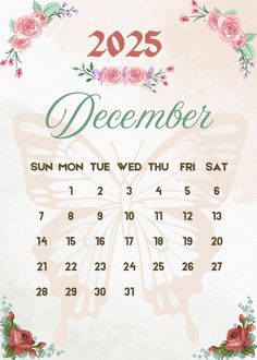 a calendar with flowers and butterflies on the cover for december, is written in english