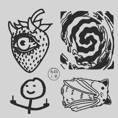 four different types of drawings on a gray background, one with an eye and the other with