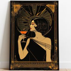 an art deco poster with a woman holding a wine glass in front of her face