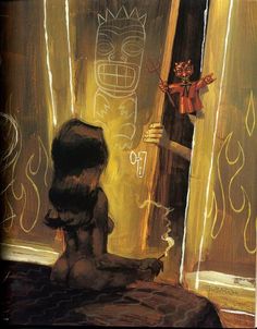 a painting of a person sitting in front of a door with a tiki mask on it