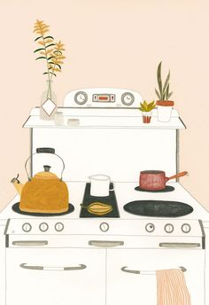 a drawing of a stove with pots and pans on it