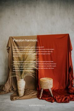 an advertisement for passion harmon, with a plant in a vase next to the chair