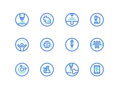 the icons are arranged in blue and white on a white background, each with different symbols