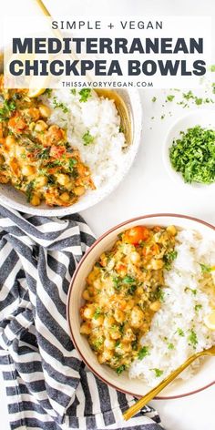 two bowls filled with chicken and rice on top of a table