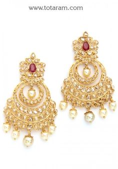 Chandbali Earrings -22K Gold Uncut Diamond Drop Earrings with Ruby & japanese culture Pearls - 235-DER705 - Buy this Latest Indian Gold Jewelry Design in 25.900 Grams for a low price of $1,990.48 22 Karat Gold Jewelry, Uncut Diamond Necklace, Chand Bali, 22 Carat Gold Jewellery, Indian Gold Jewelry, 22k Gold Jewelry, Chandbali Earrings, Gold Jewelry Stores, Ruby Earrings