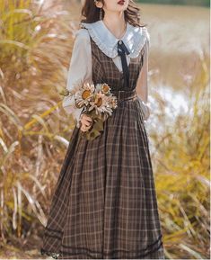 Hazel Morning Dark Academia Plaid Dress Dark Academia Dress, Preppy Aesthetic Outfits, Dark Academia Outfit, Bow Tie Blouse, Cottagecore Fashion, Dress Cottagecore, Plaid Vest, Womens Fall Dress, Cottagecore Dress