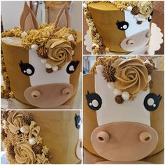 this is a cake made to look like a cow's head with flowers on it