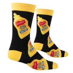 Crazy Socks, Mustard, Ketchup, Hot Sauces & More, Funny Colorful Novelty Socks. Funny Socks For Boys, Silly Socks For Men, Wacky Socks For Boys, Casual Yellow Socks For Stocking Stuffers, Wacky Socks, French Yellow, Sock Design, Hot Sauces, Plaid Dog Bandana