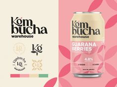 a can of kom bucha waterhouse guarana berries on a pink and white background