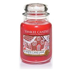 yankee candle candy cane lane jar with lid on white background, closeup view photo