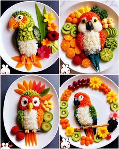 four pictures of different fruits and vegetables made to look like birds