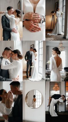 the bride and groom are posing for pictures in their wedding gowns, tuxedos, and suits