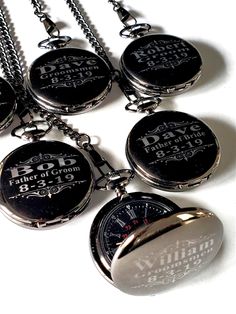 "9 Customized Black Pocket watches in Gift boxes, boxes and chains are included with purchase. Comes with a thick 15 inch chain. Easy wearing clasp lets you easily unhook it from your belt loop. Available in assorted colors. Choose the color when placing your order. Engraved pocket watch set that can be custom made for weddings, birthdays, graduations and bachelor parties. Let us custom make this pocket watch set for your special day. High polished Pocket watch gift set for Groomsmen, Graduation Classic Black Customizable Jewelry, Black Jewelry With Engraving Option For Father's Day, Black Stainless Steel Jewelry For Keepsake, Black Laser Engraved Jewelry For Personalized Gift, Black Engraved Jewelry For Personalized Gift, Customizable Black Jewelry For Formal Occasions, Personalized Black Engraved Jewelry, Personalized Black Laser Engraved Jewelry, Black Laser Engraved Jewelry For Father's Day