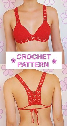 two pictures of a woman in red bras with the words crochet pattern