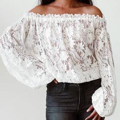 Olivaceous Sheer Lace Off-The-Shoulder Top Featuring Balloon Sleeves. Banded, Elastic Hem. Unlined. Size S New Without Tags Tags: Boutique Style - Trendy - Spring - Summer Fashion - Boho - Ots - Puffy Sleeves - Crochet Chic Off-shoulder Blouse With Lace Trim, Fall Off-shoulder Tops With Lace Trim, White Off-shoulder Crop Top For Brunch, Off-shoulder Lace Top For Spring, Spring Off-shoulder Lace Top, Spring Party Off-shoulder Lace Top, Lace Tops For Day Out In Fall, Chic Off-shoulder Lace Blouse, Lace Top For Day Out In Fall