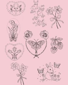 some drawings of flowers and butterflies on a pink background