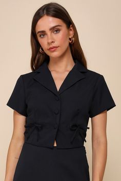 Confident Perfection Navy Blue Twill Collared Button-Up Bow Top Single Breasted Short Sleeve Tops For Work, Bow Shirt Outfit, Career Outfits, Navy Blue Top, Bow Shirts, Bow Top, Collar Top, Business Casual Outfits, Summer 2023