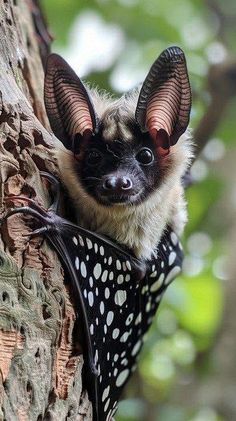 a bat hanging upside down on a tree