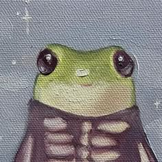 a painting of a green frog with black eyes and rib bones on it's chest