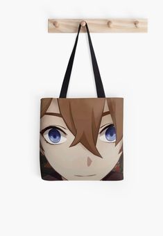 a tote bag with an anime character's face and blue eyes on it