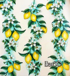 a painting of lemons and flowers on a white background