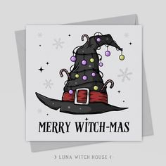 a christmas card with a witch's hat and candy canes on the top