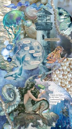 an altered collage of mermaids, pearls and other things in the ocean with text bubbles