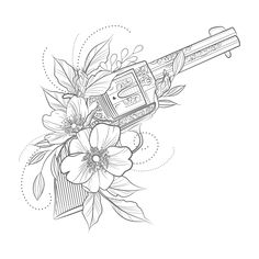 Western Tats, Rose Flowers Drawing, Revolver Tattoo, Art Journal Ideas, Chicanas Tattoo, Flowers Drawing