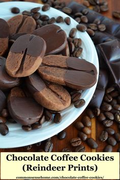 chocolate coffee bean cookies on a white plate surrounded by coffee beans with the words chocolate coffee bean cookies