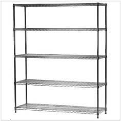 four tier shelving unit with wire shelves on each side and one shelf above the other