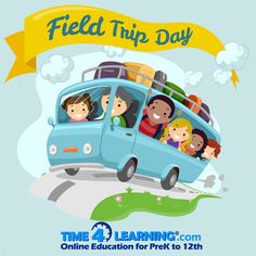 a blue bus filled with people driving down a road next to a banner that says field trip