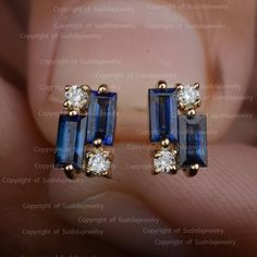 Natural Baguette Cut Blue Sapphire Gemstone Minimalist Stud Earrings Solid 14K Yellow Gold Pave Diamond Small Stud Earrings Valentine Gifts≫ Features• Items Code: SGT00295• Diamond: 100% Genuine Diamond• Diamond Wt: 0.08 ct• Diamond Color: G-H• Diamond Clarity: S2-SI1• Diamonds Cut: Brilliant Cut (Excellent Cut)• Metal: 14K Solid Gold (18K also available - Additional fees may apply)• Blue Sapphire Gemstone wt: 0.80 ct• Size : 6 x 4 mm≫ FAQ below for more detail.We can adjust most items to fit yo Blue Baguette Diamond Earrings Fine Jewelry, Minimalist Stud Earrings, Small Stud Earrings, Blue Sapphire Gemstone, Minimalist Earrings Studs, Minimalist Studs, Gemstone Stud Earrings, Small Earrings Studs, Gemstone Studs