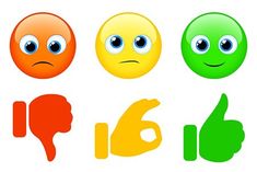 four different colored smiley faces with thumbs up and down, one pointing at the other