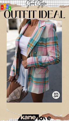 Colorful Stripe Button Blazer Trendy Summer Blazer With Buttons, Trendy Summer Blazer, Trendy Pink Blazer With Buttons, Business Casual Blazer, Blazer Outfits Casual, Dresses Club, Women's Outfits By Occasions, Long Sleeve Blazers, Blazer Outfits