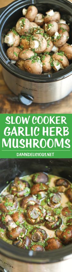 slow cooker garlic herb mushrooms with text overlay