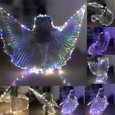 several images of lights in the shape of birds and doves with wings spread out