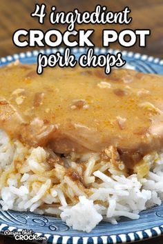 a blue and white plate topped with rice covered in gravy on top of a wooden table