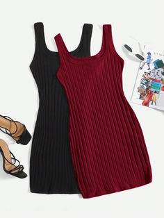 Women' Knitted Solid Tank Dress Burgundy Casual  Sleeveless Fabric Plain Tank Slight Stretch Summer Women Clothing, size features are:Bust: ,Length: ,Sleeve Length: Shein Dress Casual, Burmese Clothing, Bodycon Tank Dress, Knit Tank Dress, Spaghetti Strap Mini Dress, Shein Dress, Mini Robes, Neck Bodycon Dress, Lounge Dress