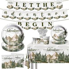 the adventure begins party kit includes plates, napkins and banners with mountains in the background