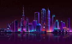 cityscape with neon lights reflecting in the water