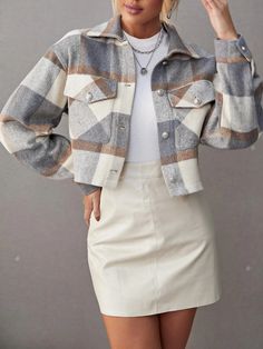 Plaid Print Drop Shoulder Crop Overcoat | SHEIN USA Office Women Clothing, Plaid Print Shirt, Winter Shirts, Casual Vest, Spring Jackets, Winter Jackets Women, Plaid Jacket, 가을 패션, Short Coat