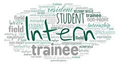 word cloud containing the words intern in green and gray colors on a white background stock photo