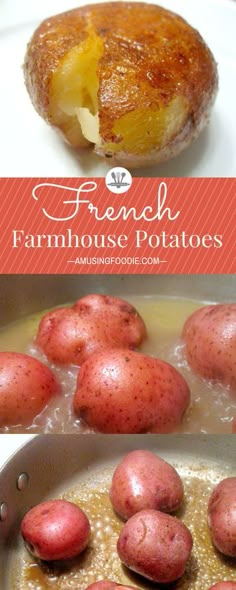 potatoes are being cooked in a pan with the words french farmhouse potatoes above it and below