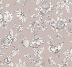 a floral wallpaper with white flowers and leaves on a light pink background in shades of grey