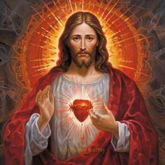 jesus holding a heart in his hands with the light shining through it's eyes