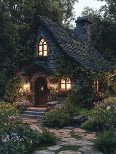 a small house is lit up by the light of the windows and door, surrounded by greenery