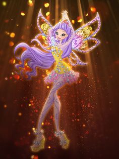 a fairy with purple hair and gold wings is dancing in front of bright light beams