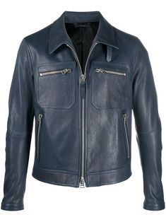 Blue lambskin/cotton-blend zip-pocket leather jacket from TOM FORD featuring classic collar, tonal stitching, front two-way zip fastening, silver-tone hardware, front zip fastening pockets, two side zip-fastening pockets, long sleeves, cuff zips, full lining and curved hem. Tom Ford Clothing, Classic Leather Jacket, Lambskin Jacket, Tom Ford Men, Men's Leather Jacket, Leather Shirt, Leather Jacket Men, Classic Leather, Light Jacket